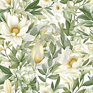 Floral seamless pattern with white flowers. Botanical background. AI Illustration. For wallpaper, prints, fabric design