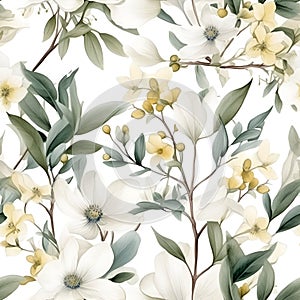 Floral seamless pattern with white flowers. Botanical background. AI Illustration. For wallpaper, prints, fabric design