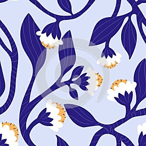Floral seamless pattern with white flowers and dark blue leaves with texture.