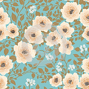 Floral Seamless Pattern of White Flowers and Khaki Green Leaves on Light Blue Backdrop