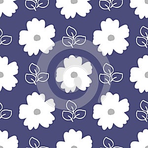 Floral seamless pattern. White flowers and outlines of leaves on a blue background.
