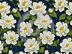 Floral Seamless Pattern of White Garden Flowers and Green Leaves on Dark Blue Backdrop. AI Generated