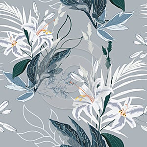 Floral Seamless Pattern with white lilies flowers and exotic leaves.