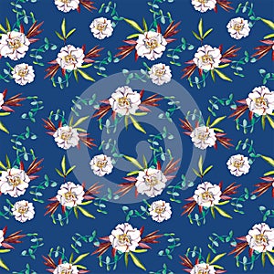 Floral seamless pattern with white peonies and leaves on blue background.