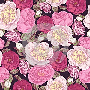 Floral seamless pattern with white peonies, pink and crimson roses.