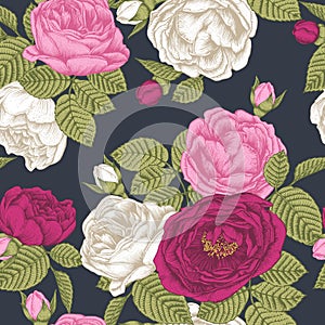 Floral seamless pattern with white, pink and crimson roses