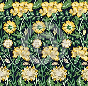 Floral seamless pattern with yellow flowers on dark green background. Vector illustration.