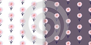 Floral seamless patterns set, cute flowers on different backgrounds