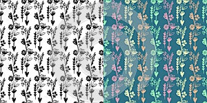 Floral seamless patterns set, doodle style hand drawn art