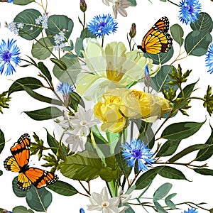 Floral Seamless spring Pattern with tulip, narcissus, roses flowers and eucalyptus leaves with butterfly.