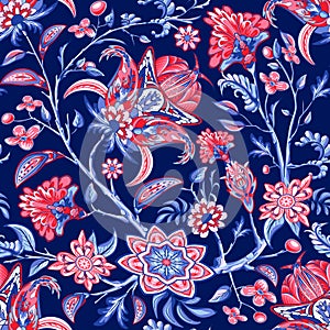 Floral seamless traditional pattern in oriental paisley style. Stylized indian flowers and branches background using boteh photo