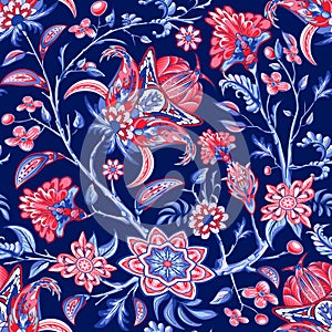 Floral seamless traditional pattern in oriental paisley style. Stylized indian flowers and branches background using boteh