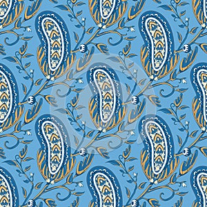 Floral seamless traditional pattern in oriental paisley style. Stylized indian flowers and branches background with boteh or buta photo