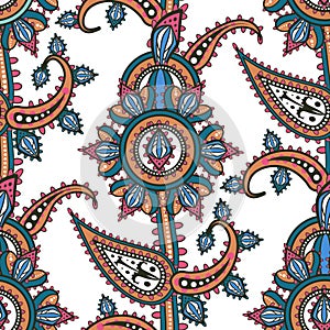 Floral seamless traditional pattern in oriental paisley style. Stylized indian flowers and branches background using boteh or buta