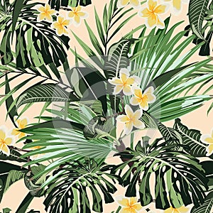 Floral seamless tropical pattern background with exotic plumeria flowers, palm leaves, jungle leaf.