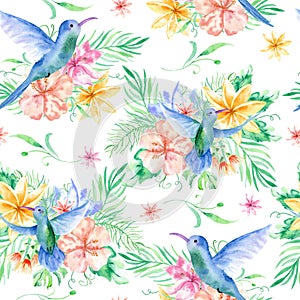 Floral seamless tropical pattern, summer background with exotic flowers, palm leaves, jungle leaf, orchid flower and