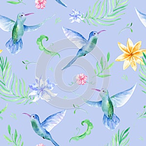 Floral seamless tropical pattern, summer background with exotic flowers, palm leaves, jungle leaf, orchid flower and