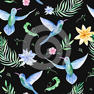 Floral seamless tropical pattern, summer background with exotic flowers, palm leaves, jungle leaf, orchid flower and hummingbird.