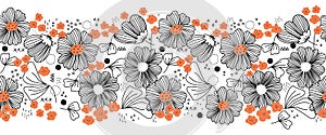 Floral seamless vector border with line art blossom flowers, endless horizontal repeat texture, hand drawn repeating pattern black