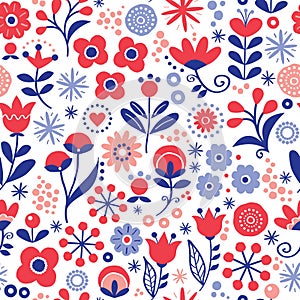 Floral seamless vector pattern - hand drawn vintage Scandinavian style textile design with red and navy blue flowers on white