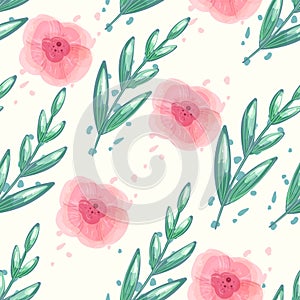 Floral seamless vector pattern with watercolor peony flowers. Repeat background with green leaf and pastel pink flower.