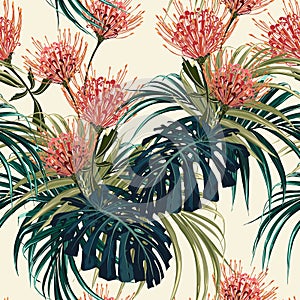 Floral seamless vector tropical pattern, spring summer background with exotic protea flowers, palm leaves.