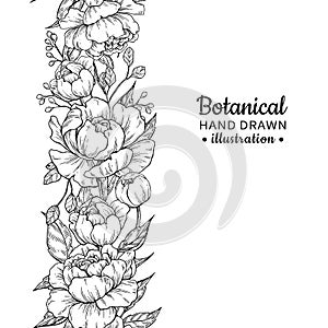 Floral seamless vintage border. Vector peony and roses botanical