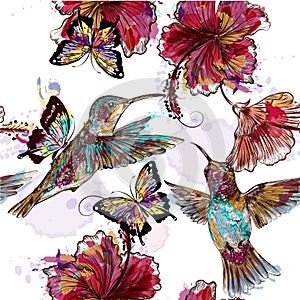Floral seamless wallpaper pattern with hummingbirds
