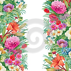 Floral Seamless Watercolor Pattern with Roses and Wildflowers