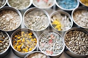 floral seeds stored in airtight metallic tins
