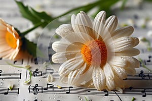 Floral serenade Daisy surrounded by musical notes sheets in artistic arrangement