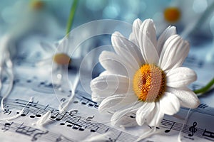 Floral serenade Daisy surrounded by musical notes sheets in artistic arrangement