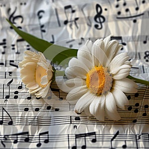 Floral serenade Daisy surrounded by musical notes sheets in artistic arrangement