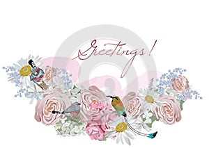 Floral series of greeting backgrounds with birds, an abstract butterfly decorated with roses, daisies, leaves and other flowers.