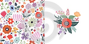 Floral set with beautiful seamless pattern, different flowers and simple card with flowers bouquet