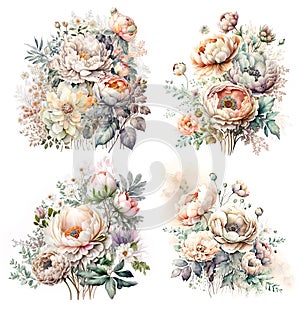 Floral set. Bouquets with peonies and roses. Watercolor digital painting illustration isolated on white background