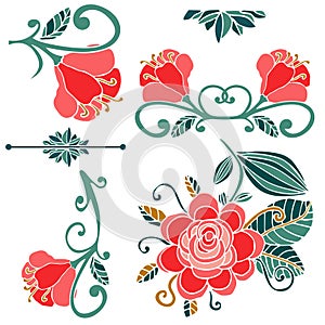 Colorful floral collection of pink, green, gold cute design elements.