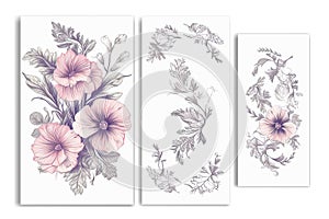 Floral set of hand drawn flowers. Botanical line art wallpaper with flowers, branches eaves. Pastel watercolor floral