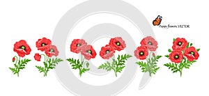 Floral set poppy flowers with stems buds and leaves for floral and wedding design