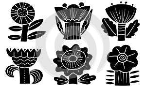 Floral set. Silhouettes of abstract flowers and leaves.Vector illustration in minimalistic flat style