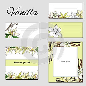 Floral set of text frames with vanilla flowers. Business cards, banners, tags and posters with a floral pattern for invitations