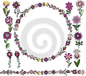 Vector Floral set, : Seamless brush, round frame from simple botanical elements in ethnic style, flowers of lilac hues and