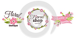 Floral shop badge decorative frame template vector illustration.