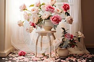 Floral showcase vases with peonies adorn a stylish white podium