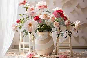 Floral showcase vases with peonies adorn a stylish white podium