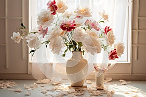 Floral showcase vases with peonies adorn a stylish white podium