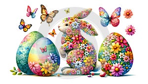 Floral Silhouette Easter Bunny and Easter eggs Composed of Colorful Flowers on a White Background