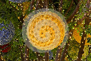 Floral sphere hanging amidst twinkling lights, vibrant garden decor in festive display