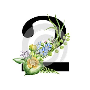 Floral spring alphabet. Number 1. Font element with spring garden flower bouquets composition. Flower number one