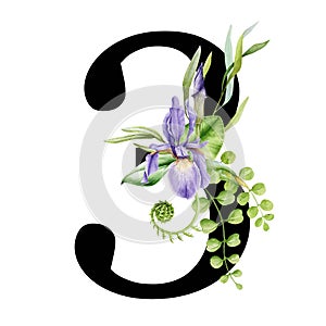 Floral spring alphabet. Number 3. Font element with spring garden flower bouquets composition. Flower number three